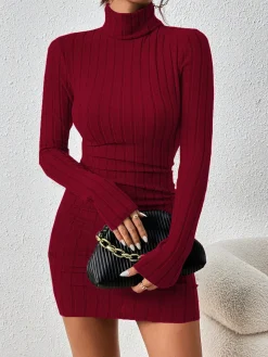 Mock Neck Hip-Covering Ribbed Dress