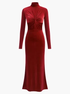 Mock Neck Knotted Velvet Dress