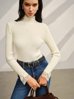 Mock Neck Lace Trim Slim Sweater