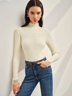 Mock Neck Lace Trim Slim Sweater
