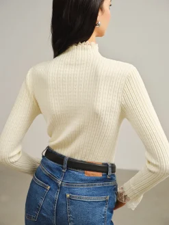 Mock Neck Lace Trim Slim Sweater