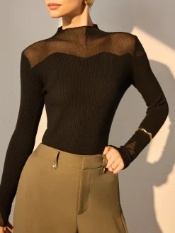 Mock Neck Mesh Panel Slim Sweater