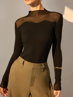 Mock Neck Mesh Panel Slim Sweater