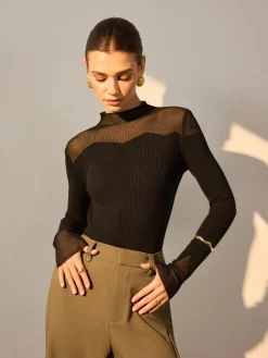 Mock Neck Mesh Panel Slim Sweater