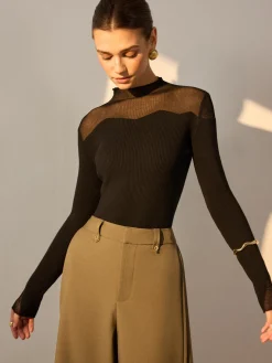 Mock Neck Mesh Panel Slim Sweater