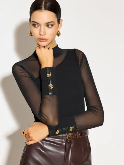 Mock Neck Mesh-Detail Long Sleeve T-Shirt