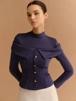 Mock Neck Metal-Detail Jersey Top