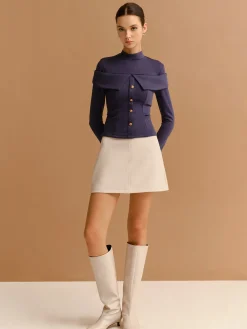 Mock Neck Metal-Detail Jersey Top