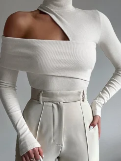 Mock Neck Oblique Cutout Rib Long Sleeve Knit Top