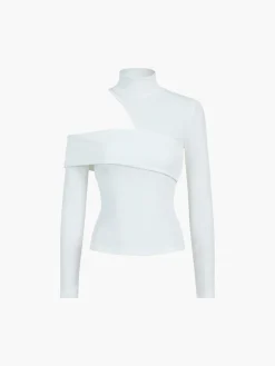 Mock Neck Oblique Cutout Rib Long Sleeve Knit Top