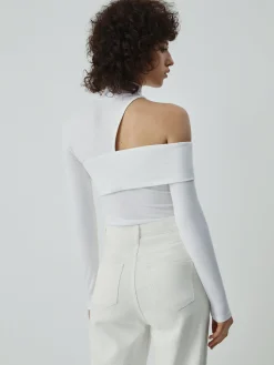 Mock Neck Oblique Cutout Rib Long Sleeve Knit Top