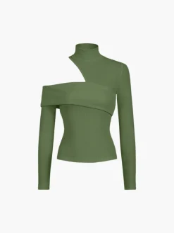Mock Neck Oblique Cutout Rib Long Sleeve Knit Top