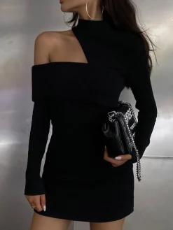 Mock Neck Oblique Cutout Rib Long Sleeve Short Dress