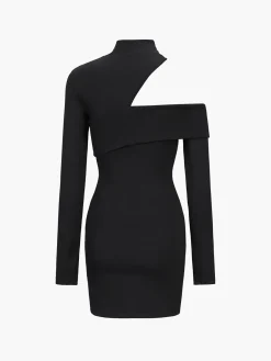Mock Neck Oblique Cutout Rib Long Sleeve Short Dress