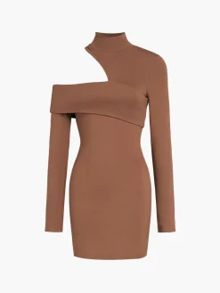 Mock Neck Oblique Cutout Rib Long Sleeve Short Dress