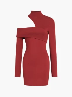 Mock Neck Oblique Cutout Rib Long Sleeve Short Dress