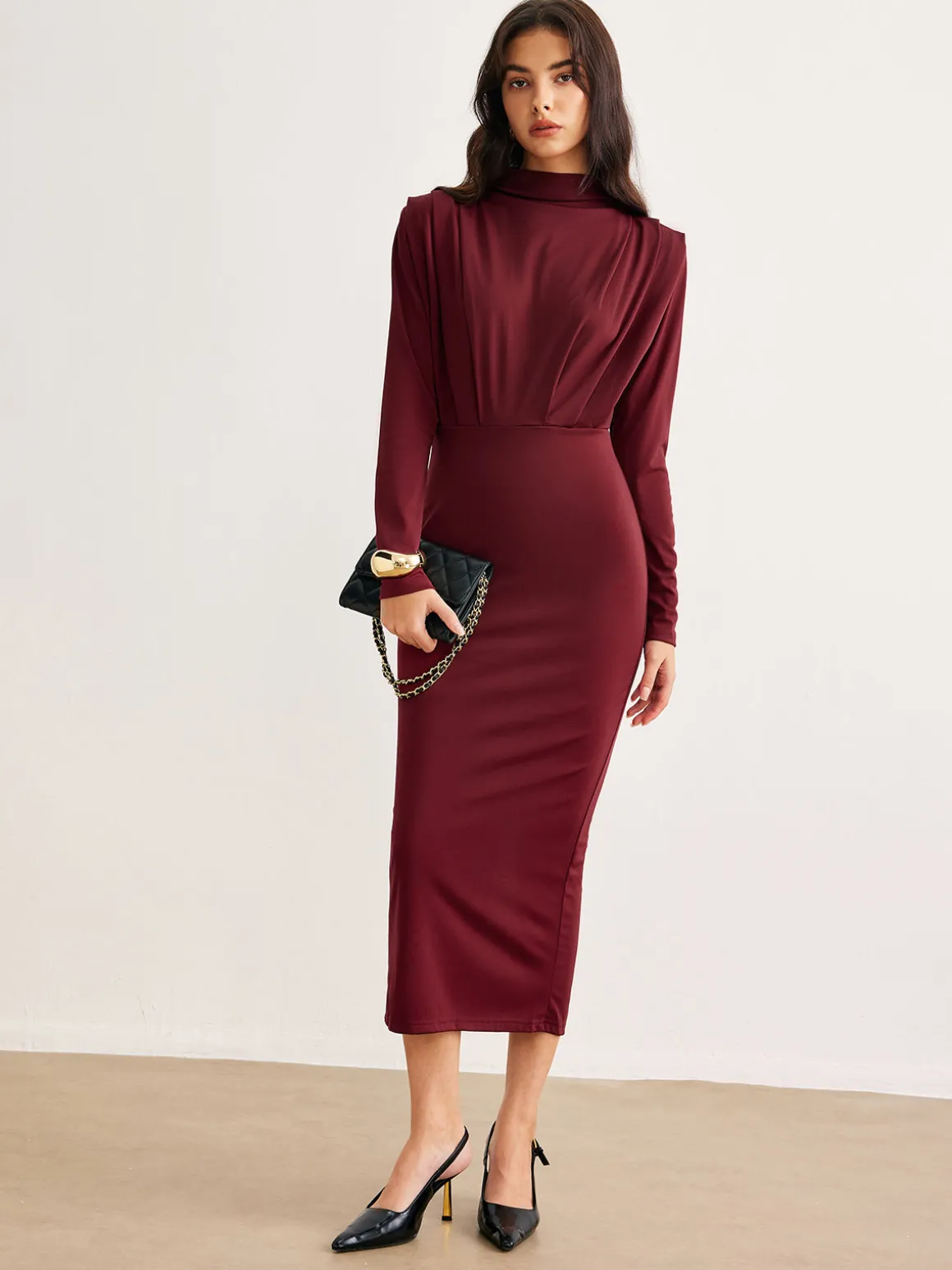 Mock Neck Pleated Jersey Dress