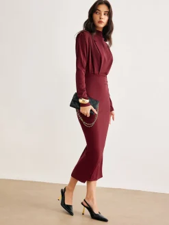 Mock Neck Pleated Jersey Dress