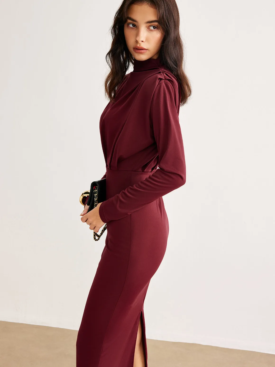 Mock Neck Pleated Jersey Dress