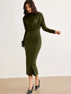 Mock Neck Pleated Jersey Dress