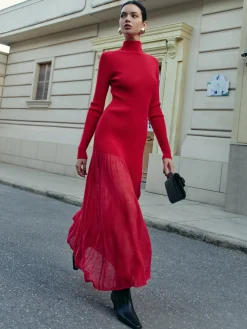 Mock Neck  Pleated Panel Sweater Dress