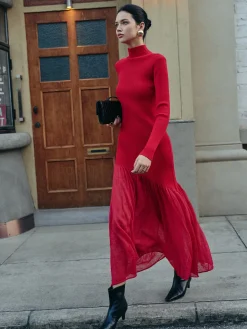 Mock Neck  Pleated Panel Sweater Dress
