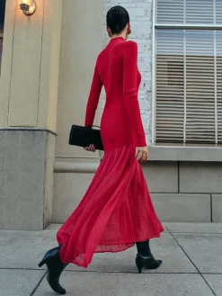 Mock Neck  Pleated Panel Sweater Dress