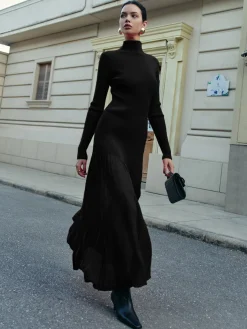 Mock Neck  Pleated Panel Sweater Dress