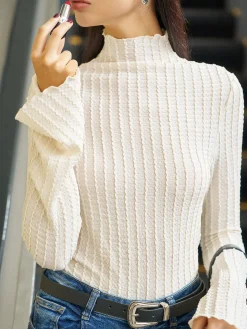 Mock Neck Plisse Skinny T-Shirt
