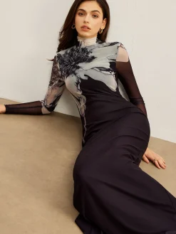 Mock Neck Printed Mesh Dress