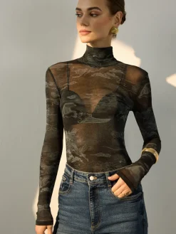 Mock Neck Printed Semi-Sheer Blouse