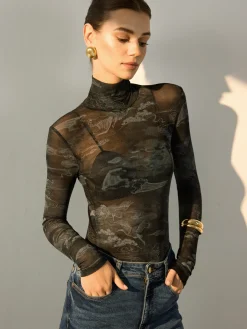 Mock Neck Printed Semi-Sheer Blouse