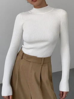 Mock Neck Rib Long Sleeve Knit Top