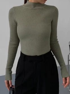 Mock Neck Rib Long Sleeve Knit Top
