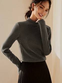 Mock Neck Ribbed Embroidered Trim T-Shirt