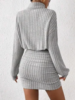 Mock Neck Ribbed Short Dress