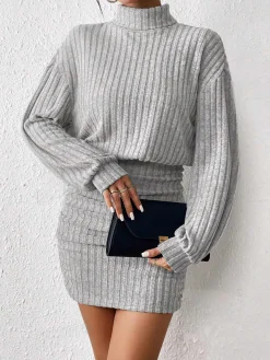 Mock Neck Ribbed Short Dress