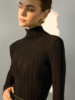Mock Neck Semi-Sheer Slim Blouse