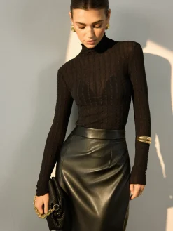 Mock Neck Semi-Sheer Slim Blouse