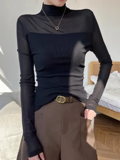 Mock Neck Sheer Mesh Panel Blouse
