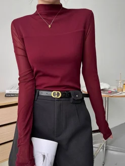 Mock Neck Sheer Mesh Panel Blouse
