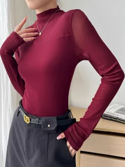 Mock Neck Sheer Mesh Panel Blouse