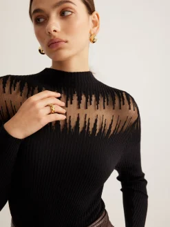 Mock Neck Sheer Panel Knit Top