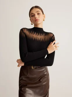 Mock Neck Sheer Panel Knit Top