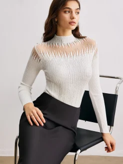 Mock Neck Sheer-Detail Knit Top