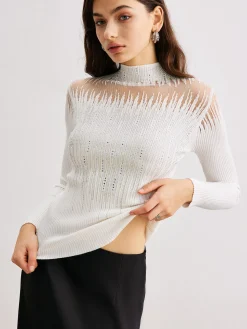 Mock Neck Sheer-Detail Knit Top