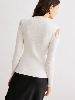 Mock Neck Sheer-Detail Knit Top