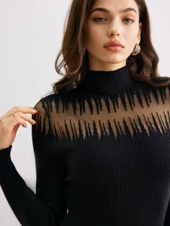Mock Neck Sheer-Detail Slim Sweater Dress