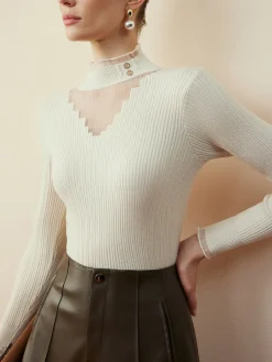 Mock Neck Sheer-Detail Slim Blouse