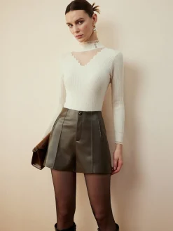 Mock Neck Sheer-Detail Slim Blouse